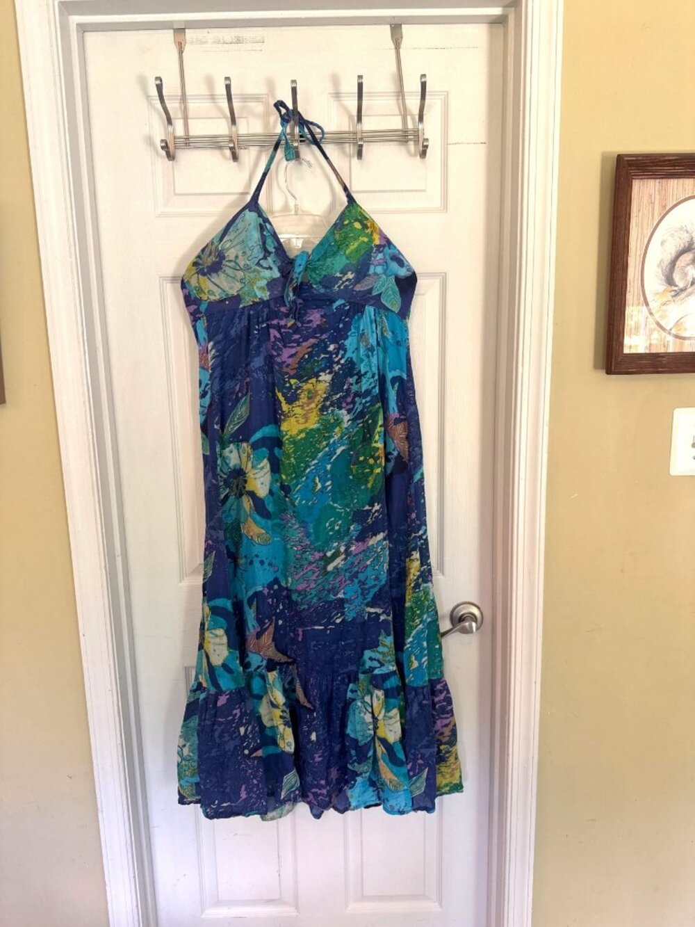 Nomads Halter Maxi Dress Floral Smocked Tie Neck Blue Beach Boho Lined S